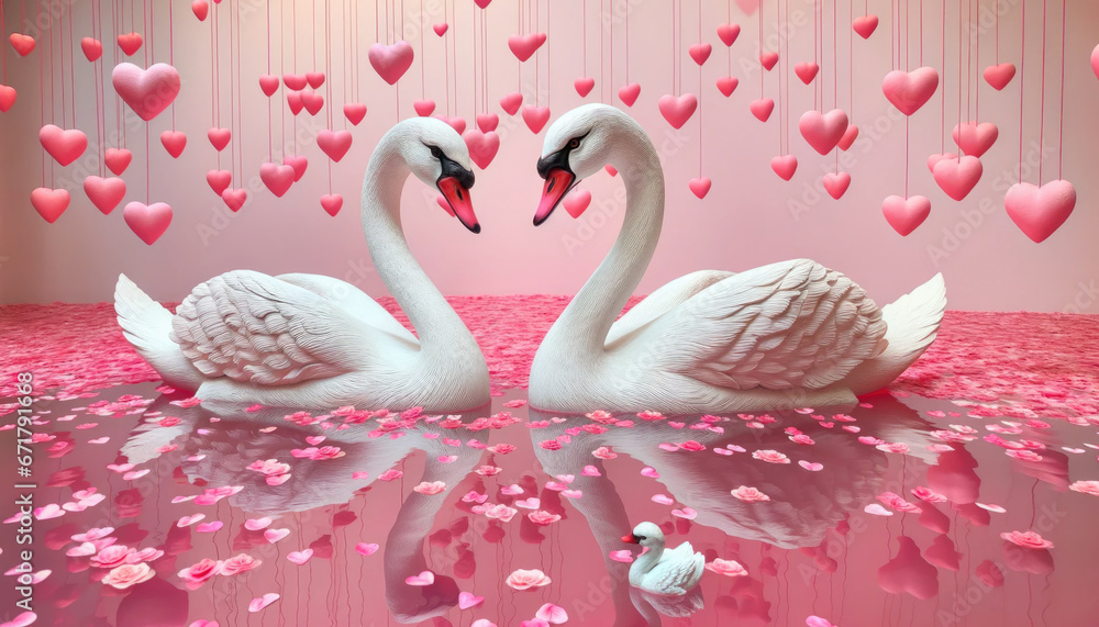 Fototapeta premium Romantic swans making a heart shape, Swan couple for Valentine's Day on pink background