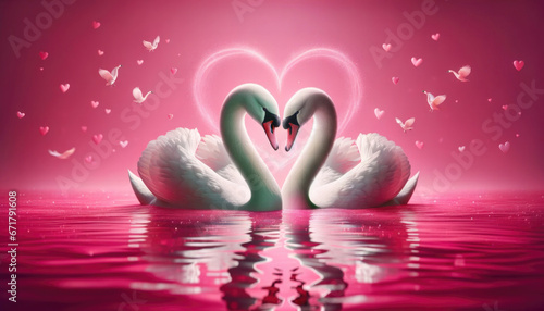 Fototapeta Naklejka Na Ścianę i Meble -  Romantic swans making a heart shape, Swan couple for Valentine's Day on pink background