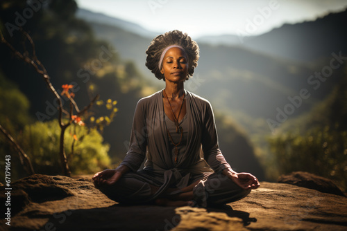 A dark-skinned woman with curly hair, sits in the lotus position, keeps eyes closed, dressed in grey clothes, practices yoga against the backdrop of the mountains. Body language concept.