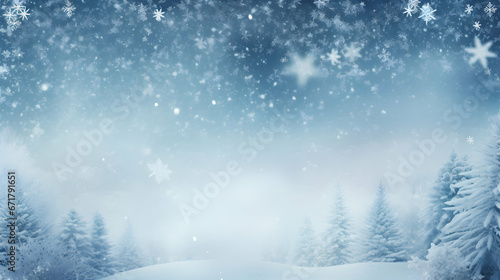 Winter holiday snow background with copy space, christmas seasonal frozen wallpaper, invitation card, fir spruce branches, magical blue lights, generative ai