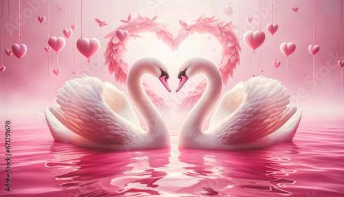Fototapeta Naklejka Na Ścianę i Meble -  Romantic swans making a heart shape, Swan couple for Valentine's Day on pink background