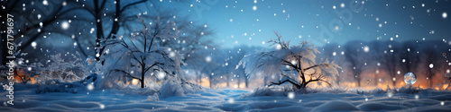 Festive winter background with Christmas trees covered with falling snow. Spruce branches covered with fluffy fresh snow. Seasonal background. Magical atmosphere with lights. Copy space. Generative AI photo