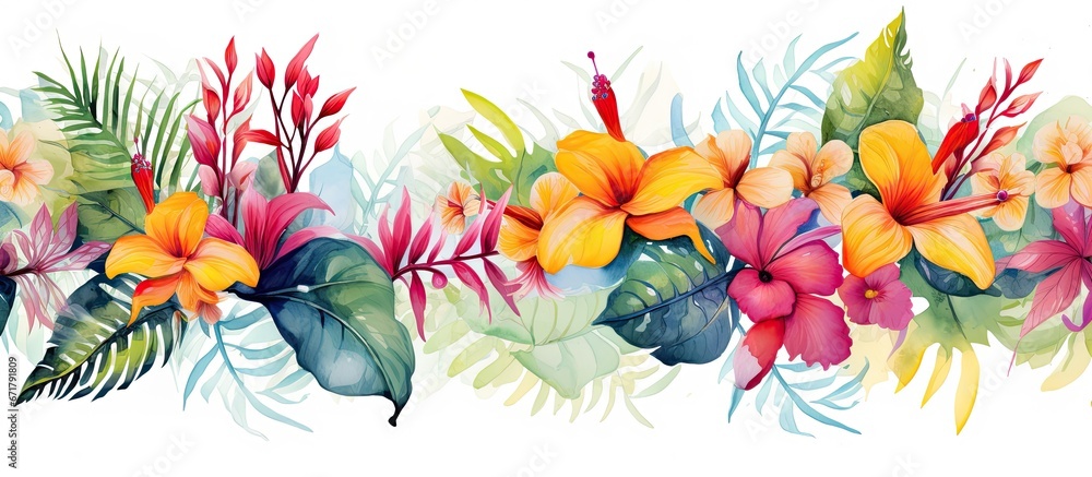The background is isolated featuring a repeating pattern of colorful and exotic tropical flowers and leaves hand painted in abstract watercolor