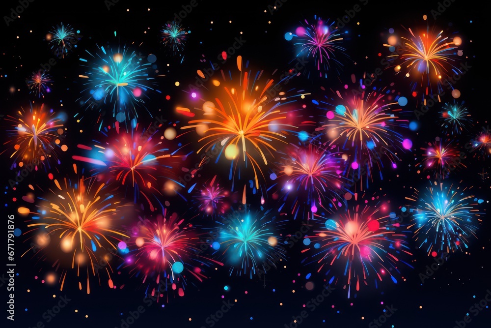 Fireworks composition with colourful images of shiny firework spots of different shape on dark background
