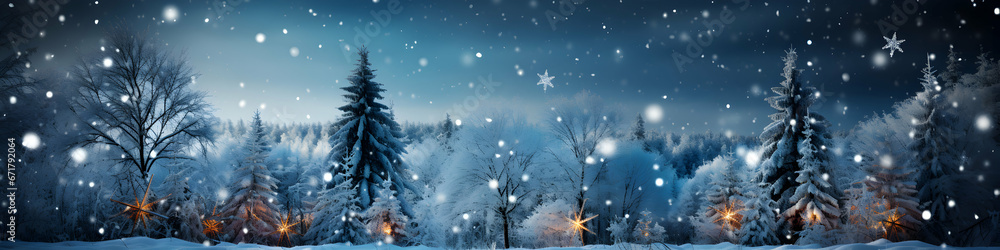 Festive winter background with Christmas trees covered with falling snow. Spruce branches covered with fluffy fresh snow. Seasonal background. Magical atmosphere with lights. Copy space. Generative AI