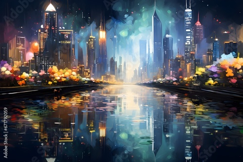 A symphony of city lights reflected in a calm, city river. © Tachfine Art