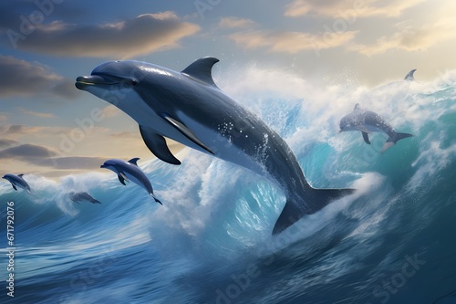 A playful pod of dolphins leaping joyfully in the ocean waves.