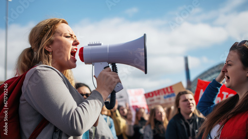 A passionate woman shouts into a megaphone, leading a crowd during a protest demonstration.