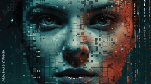 Abstract glitched image of a person's face with fragmented pixels, distorted features, and an eerie, surreal effect. A digital artwork showcasing glitch art, abstract art, surrealism, and technology