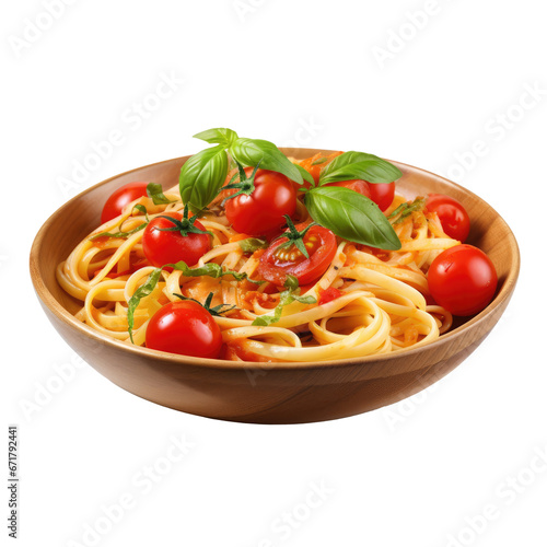 traditional Italian linguini pasta with tomatoes and fresh parsley, isolated on a transparent background. PNG, cutout, or clipping path. 