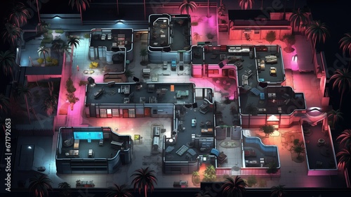 A retro pixelated video game scene with a top-down view of a neon-lit cityscape. Interconnected rooms, palm trees, and buildings create a maze-like environment photo