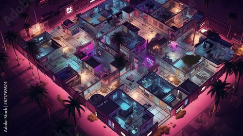 Retro video game with pixelated top-down view. Neon-lit cityscape, palm trees, interconnected rooms in a maze-like layout