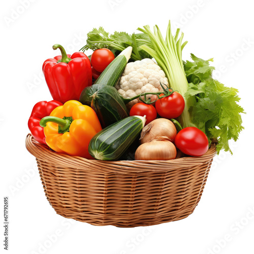 various healthy vegetables and fruits on wooden baskets  foodstuffs  supermarkets  or kitchens  isolated on a white or transparent background.  