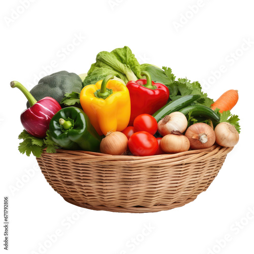 Large basket of vegetables. Potatoes, tomatoes, onions, cabbage, paprika, zucchini, eggplant. isolated on transparent background . PNG, cutout, or clipping path.	