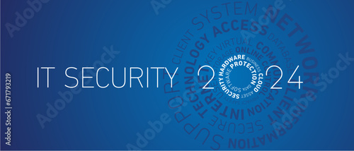 IT Security 2024 New Year abstract wheel circle word cloud text white shining sparkle firework bold light typography blue greeting card banner