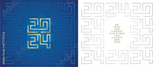 Happy New Year 2024. Golden white blue silver cyberspace high tech year 2024 typography. Greek mystic ornament abstract pattern on blue white background. Front back greeting card