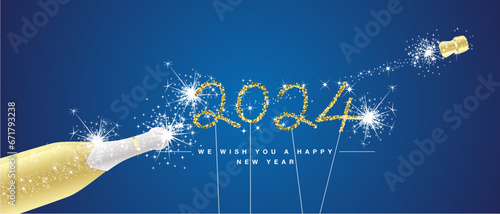 We wish you Happy New Year 2024 eve. Handwritten typography golden glitter stars white sparkler fireworks open champagne bottle on blue background. 2024 greeting card
