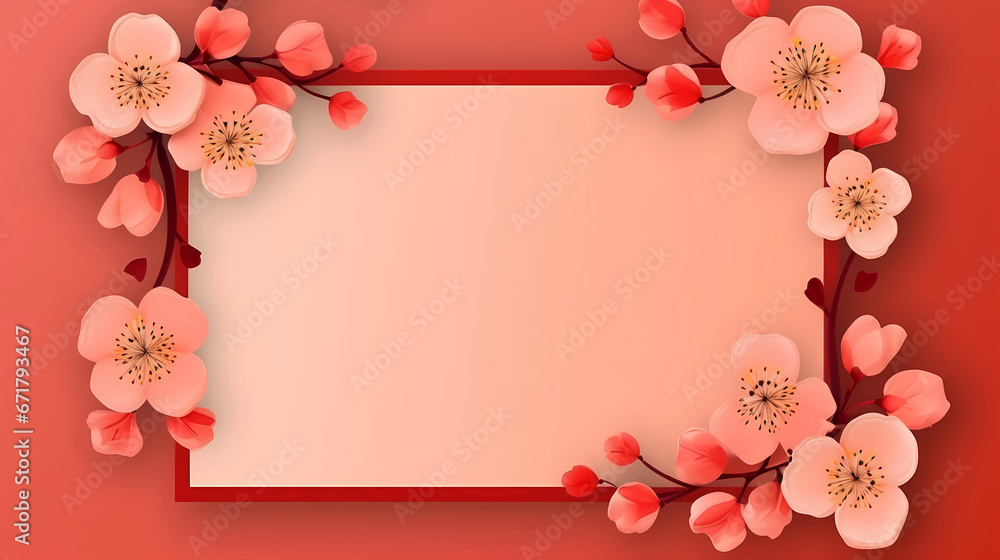 Blank card with flower frame for Lunar New Year, traditional background for chinese New Year, copyspace