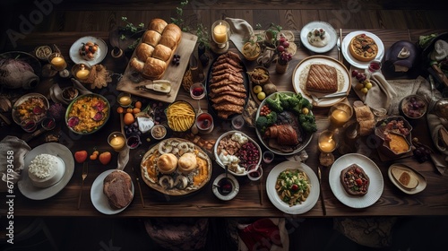 full course dinner feast on the table, celebration desing illustration © Botisz