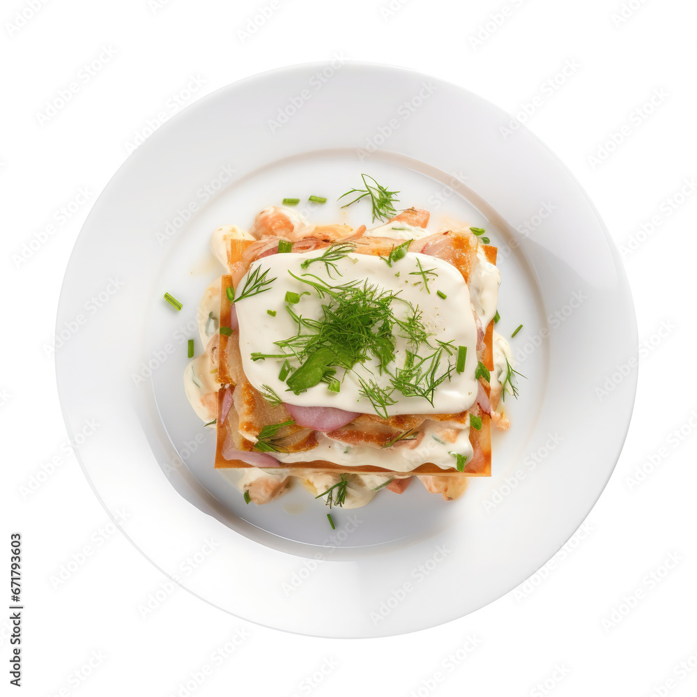 tasty hot lasagna served with a basil leaf on a white plate. Italian cuisine, menu, and recipe Homemade meat lasagna. lesgane isolated on white or transparent background, top view.