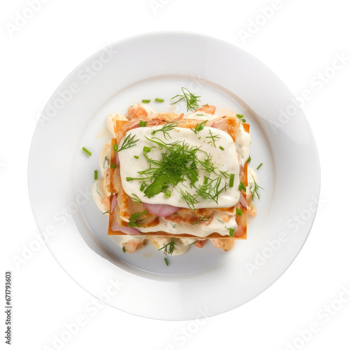 tasty hot lasagna served with a basil leaf on a white plate. Italian cuisine, menu, and recipe Homemade meat lasagna. lesgane isolated on white or transparent background, top view.