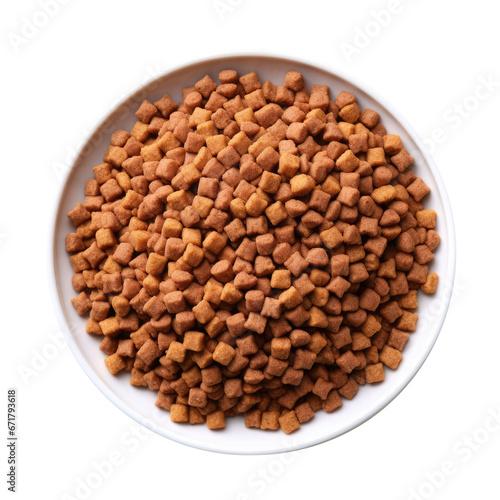 dry dog and cat nutrition food in a white bowl, top view, isolated on a white or transparent background	
