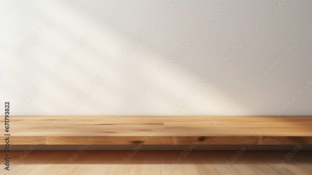 Sunlit Wooden Podium with Shadow on White Wall. Generative ai Sunlit Wooden Podium with Shadow on White Wall. Generative ai
