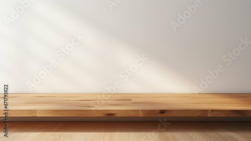 Sunlit Wooden Podium with Shadow on White Wall. Generative ai