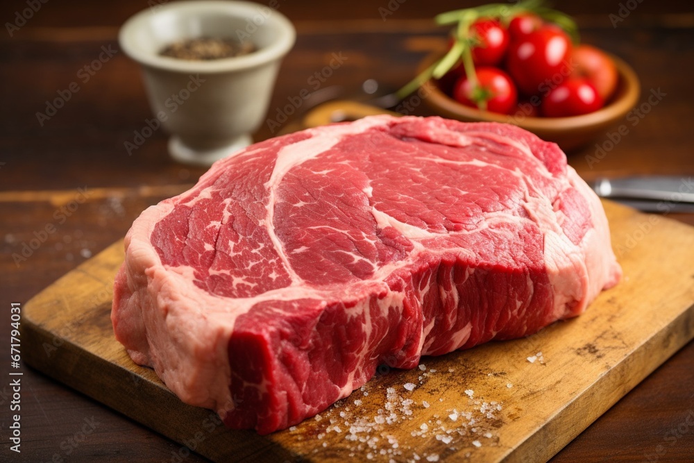 Authentic Raw Steak Displayed on a Wooden Board with Bold Aesthetics Authentic Raw Steak Displayed on a Wooden Board with Bold Aesthetics