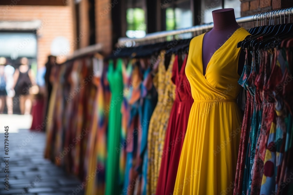 Fototapeta premium Colorful Dresses on Mannequins at Streetside Shopping Location