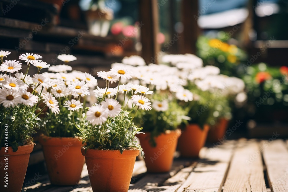 White Daisies in Pots on Wooden Patio with Warm Color Palette