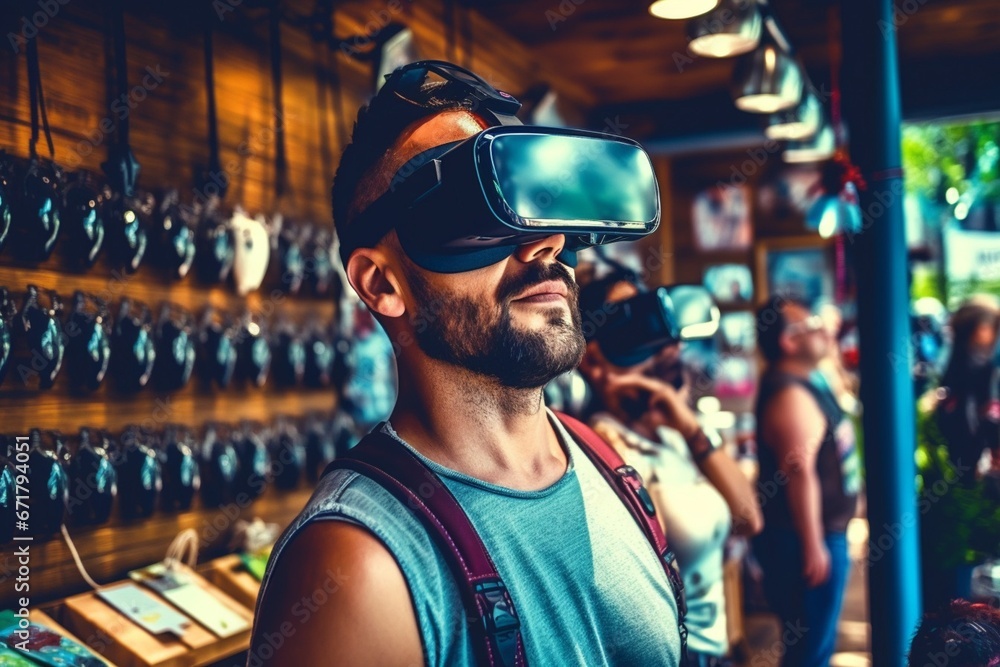 Man Experiences Virtual Reality in Rustic Coffee Shop Environment Man Experiences Virtual Reality in Rustic Coffee Shop Environment