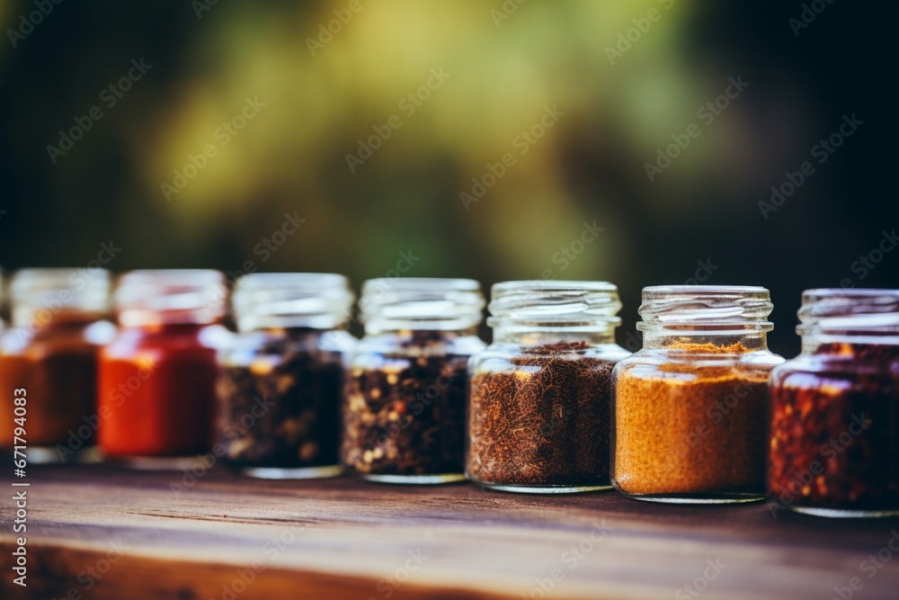 Spice Jars in Warm Tones on a Table with Soft Focus Spice Jars in Warm Tones on a Table with Soft Focus