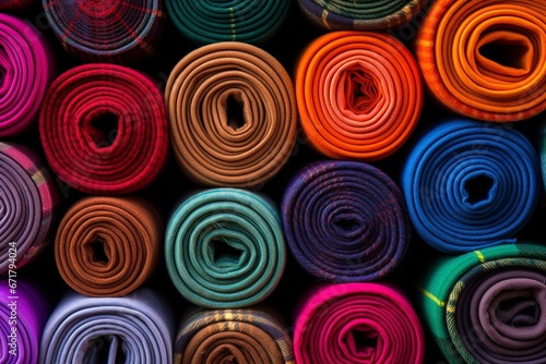 Vivid Collection of Color-Blocked Fabric Rolls in Diverse Cultural Styles photo