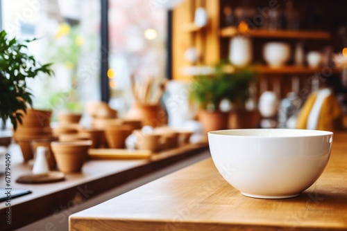 Artistic White Bowl on Wooden Table in Coffee Shop Style