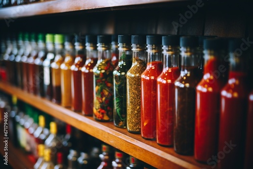 Exquisite Display of Vibrant Sauce Bottles on Shelves photo