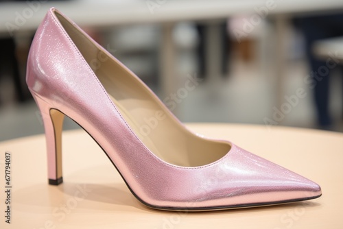 Stylish Pink Heels Exhibited on Table in Neue Sachlichkeit Style