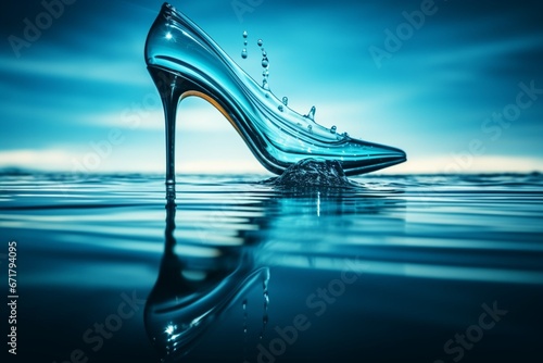 Surrealistic High Heel Shoe with Water Drop in Dark Aquamarine photo