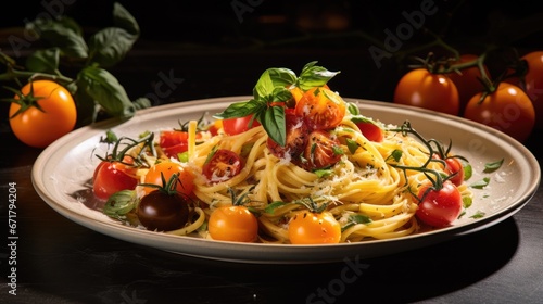  a plate of pasta with tomatoes, basil, and parmesan cheese on a black table with tomatoes in the background. generative ai