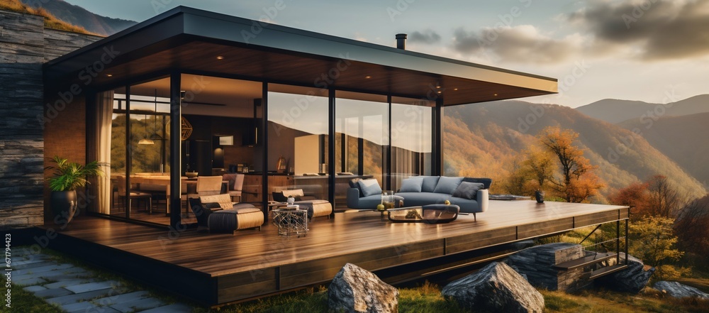 Luxury Villa with Mountain Views: Modern Minimalist Glamping. Generative ai