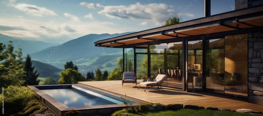 Fototapeta premium Luxury Villa with Mountain Views: Modern Minimalist Glamping. Generative ai