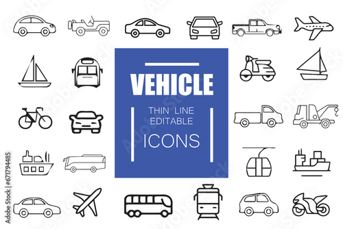 Vehicle Line Editable Icons set. Car and rent modern thin line style of transport icons types: taxi, train, helicopter, bus, ship, plane, tram and more. Vector illustration