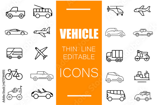 Vehicle Line Editable Icons set. Car and rent modern thin line style of transport icons types: taxi, train, helicopter, bus, ship, plane, tram and more. Vector illustration
