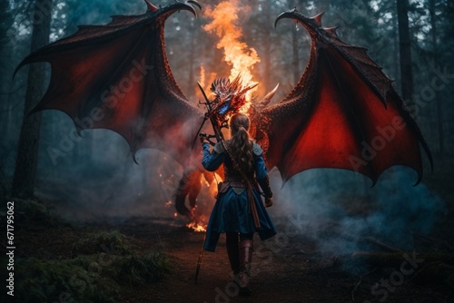 A knight in the forest in front of a dragon