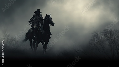  a black and white photo of a man on a horse in a foggy field with trees in the background. generative ai