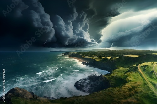 A dramatic thunderstorm brewing over a dramatic coastline. 