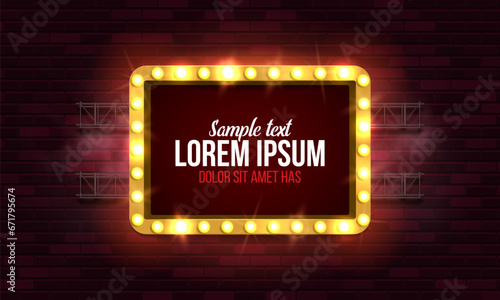 Shining retro billboard on brick wall background. Vintage bright sign board for your design. Vector illustration.