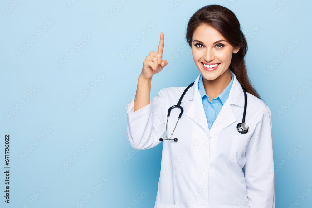 Smiling happy doctor pointing with finger on blue background. Smiling happy doctor pointing with finger on blue background.