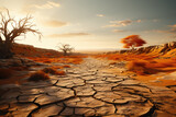 A cracked and parched desert landscape, exemplifying the severe droughts and water scarcity caused by global warming. Concept of desertification and climate change. Generative Ai.