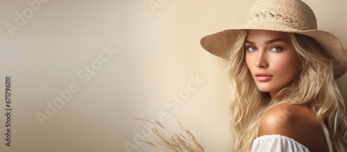 Woman with fair hair wearing hat made from straw photo